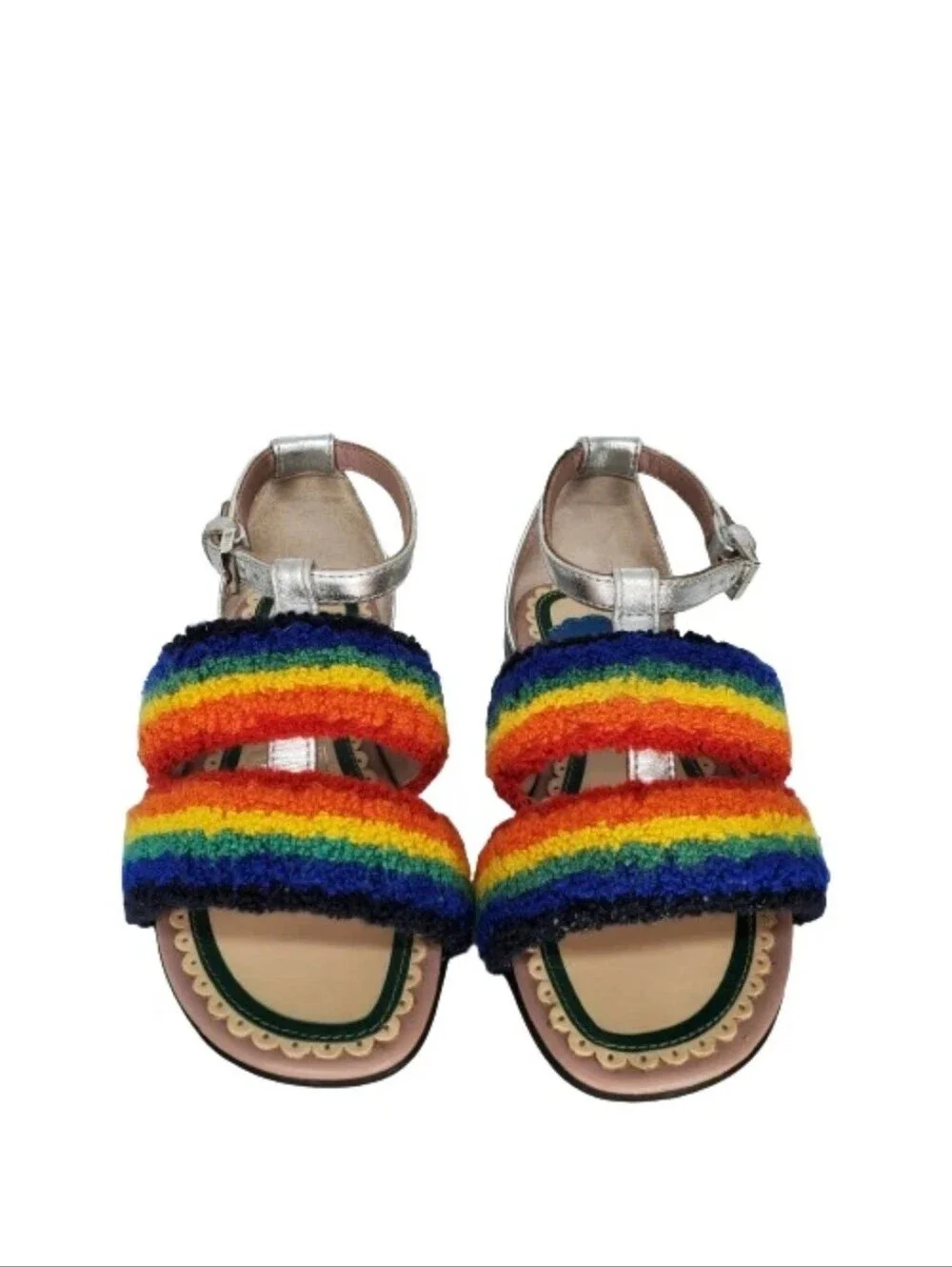 Gucci Kids Rainbow Terrycloth & Metallic Silver Leather Sandals